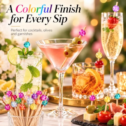 Multicolor Crackle Bead Cocktail Picks - 100 Pack Long Bamboo Appetizer & Garnish Skewers