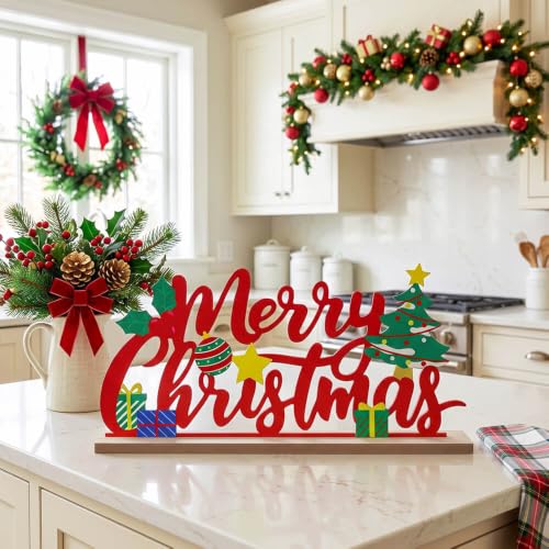 Merry Christmas Indoor Metal Sign with Wooden Base - Farmhouse Rustic Holiday Decor