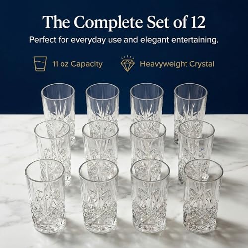 Godinger Dublin Crystal Highball Glasses Set of 12, 11oz Elegant Irish Barware