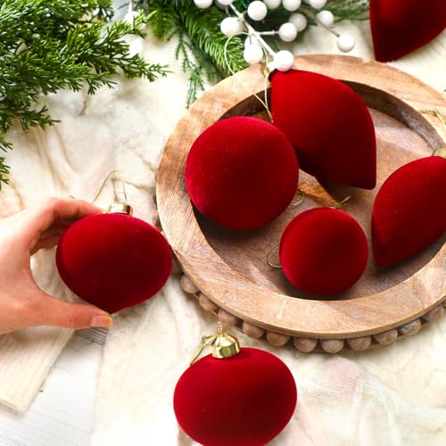 Red Velvet Christmas Ball Ornaments 12Pcs Glass Flocked Decorative Ornaments