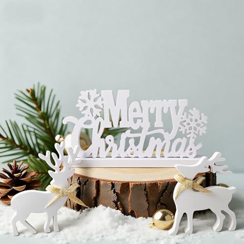 White Merry Christmas Sign - Rustic Wooden Holiday Decor with Snowflake Accents, Farmhouse Christmas Tabletop Decorations for Kitchen, Mantel & Dining Room (Includes 2 pcs Reindeer Sign)