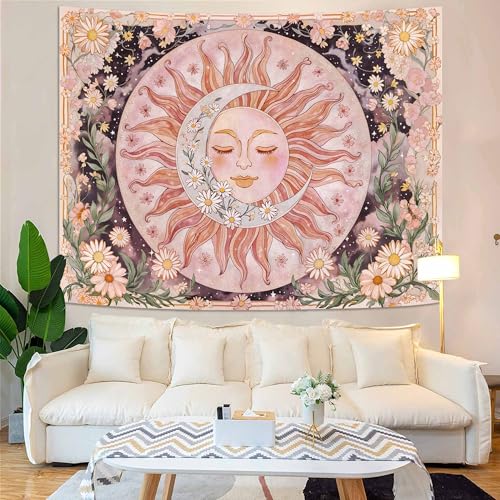 Sun Moon Daisy Wall Tapestry - Pink Boho Floral Aesthetic Decor (36x48 In)
