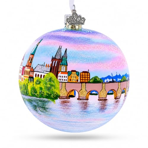 Karluv Most Prague Glass Ball Ornament - 4 Inch Hand-Painted Christmas Decoration