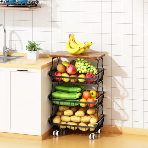 4-Tier Stackable Metal Rolling Fruit and Vegetable Storage Basket Cart
