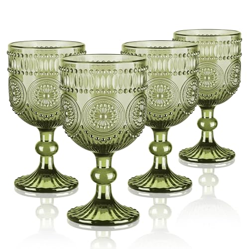 Vintage Sunflower Embossed Wine Goblets - 12 oz Green Stemmed Glassware (Set of 4)