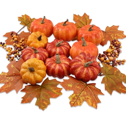 16-Piece Mini Artificial Pumpkin Decor Set with Maple Leaves and Berries