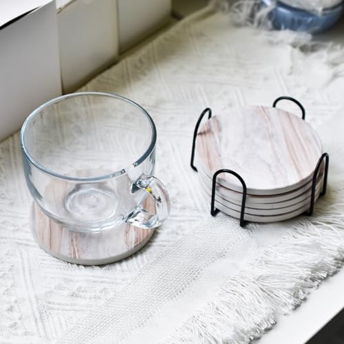 Absorbent Ceramic Drink Coasters Set with Holder - 6 Pack Marble Style