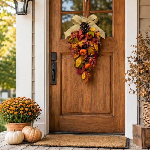 25-Inch Fall Teardrop Swag with Pumpkins, Pinecones and Burlap Bow
