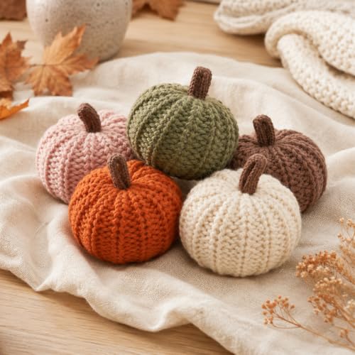 Mini Knitted Pumpkin Decor Set - Fall Autumn Table Centerpiece, Halloween & Thanksgiving Home Accent