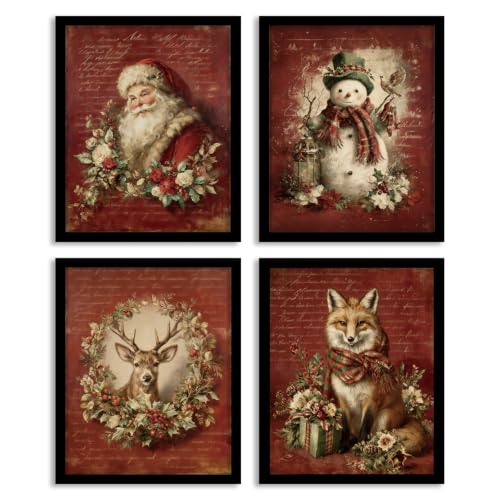 WEFKODO Vintage Christmas Wall Art Set - 4 Unframed Holiday Prints, Santa & Winter Scenes, White Christmas 13