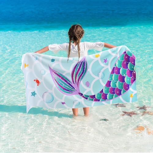 Mermaid Kids Beach Towel - Quick Dry Microfiber Swim Towel 30x60 Inch
