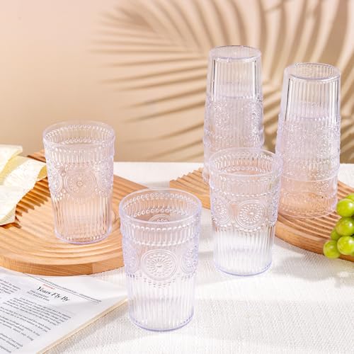 12-Pack 14 oz Embossed Plastic Drinking Glasses, Vintage Ribbed Water Cups