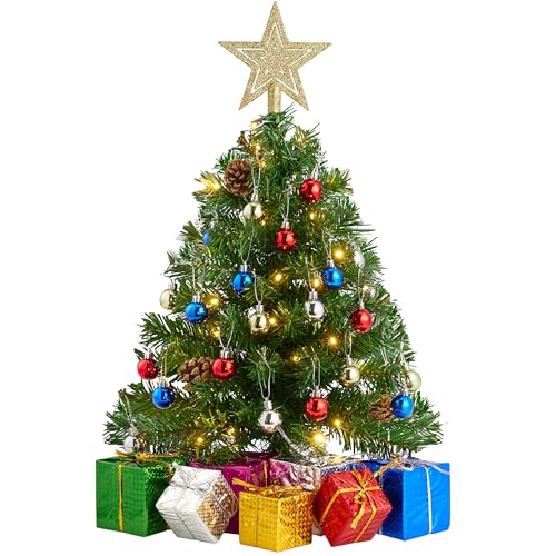 Joiedomi 24 Inch Pre-Lit Mini Christmas Tree with Gift Box, Ornaments & LED Lights – Indoor Holiday Decor