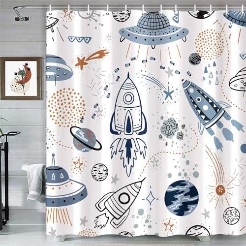 Space Shower Curtain for Kids, Waterproof Galaxy Planet Bathroom Decor