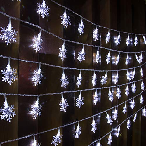 AWQ 100 LED 49 ft Snowflake Christmas Lights, 8 Modes, White (Indoor/Outdoor)