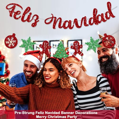 Feliz Navidad Banner, Pre-Strung Christmas Spanish Banner – 9.8 ft Glitter Text