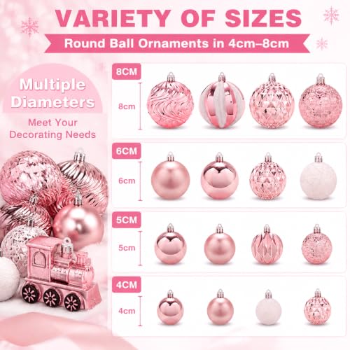 65Pcs Pink Christmas Ornaments Set - Shatterproof Glitter Balls & Lace Bows