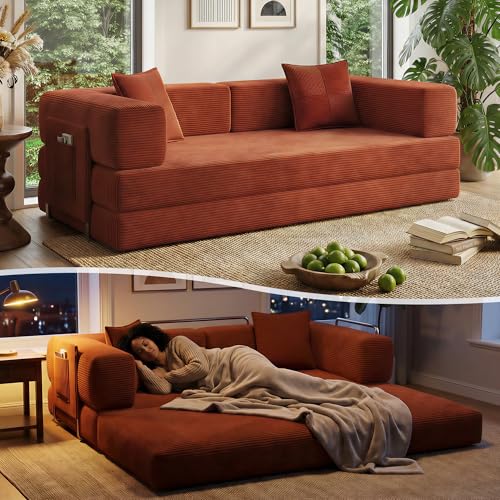 78.8-inch Convertible Corduroy Sofa Bed - Orange Sleeper Couch