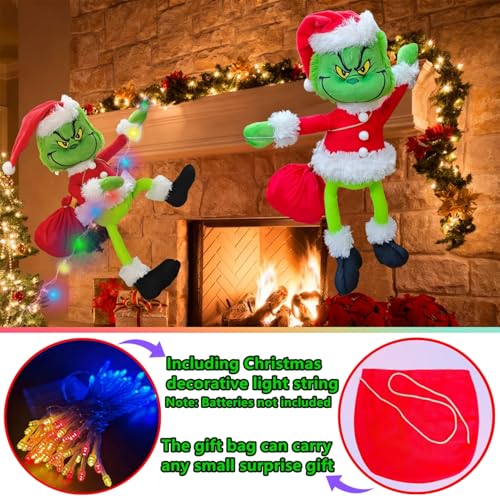 Christmas Green Monster Decorations with Lights, 23.6in Poseable Plush Santa for Indoor & Outdoor Holiday Decor
