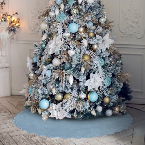 48-Inch Gray Blue Velvet Christmas Tree Skirt, Rustic Scalloped Edge