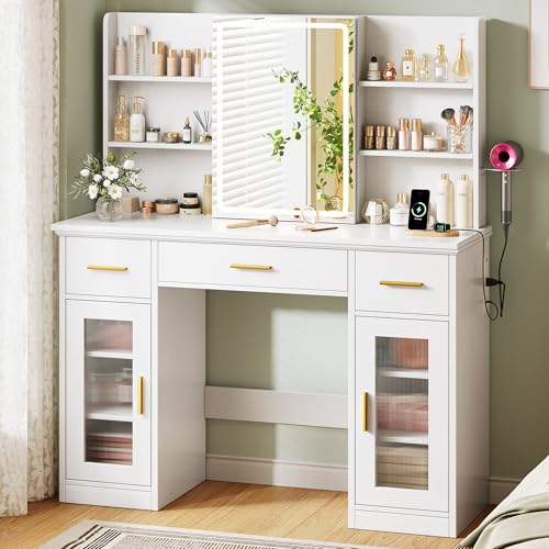 43.5-Inch Makeup Vanity Desk with Sliding LED Mirror, Drawers & Power Outlets