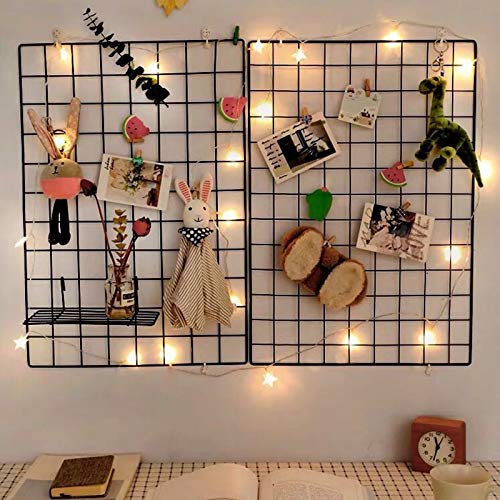 2-Pack Large Metal Wall Grid Panels with String Lights and Clips
