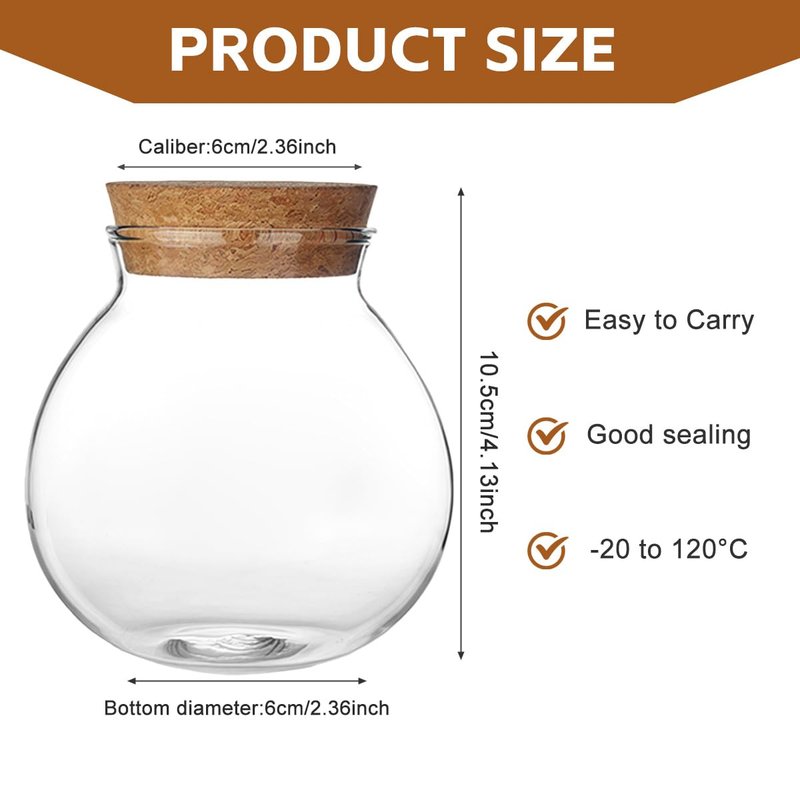 VASANA Airtight Clear Round Glass Jar with Cork Tea Caddy Container Vase Eco Bottle Small Ball Moss DIY Canister for Kitchen Storage Home Decoration 500ml 17oz