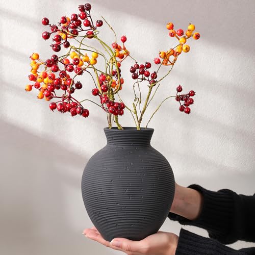 Black Ceramic Flower Vase - 7.4" Handcrafted Farmhouse Table Decor