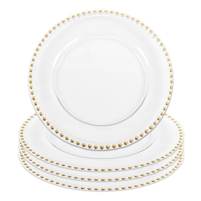 Koyal Wholesale 12.5" Round Clear Glass Gold Beaded Couture Charger Plate, 4-pack