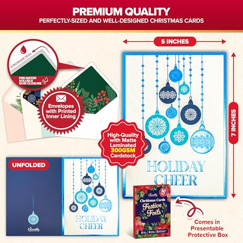 Decorably 40 Pack Foil Embossed Christmas Cards with Envelopes & Stickers