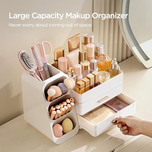 HBlife Large All White Makeup Organizer with Brush Holder - Vanity & Storage