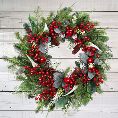 Montekin 24-Inch Christmas Wreath with Red Berries, Pinecones & Eucalyptus