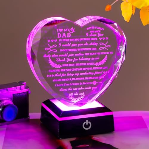 Dad Gifts from Daughter Son with LED Heart Crystal Keepsake | Dad from Daughter Son Gift with Colorful Base