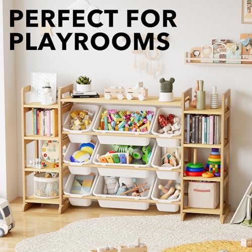9-Bin Toy Storage Organizer with Wooden Shelving for Kids Playroom