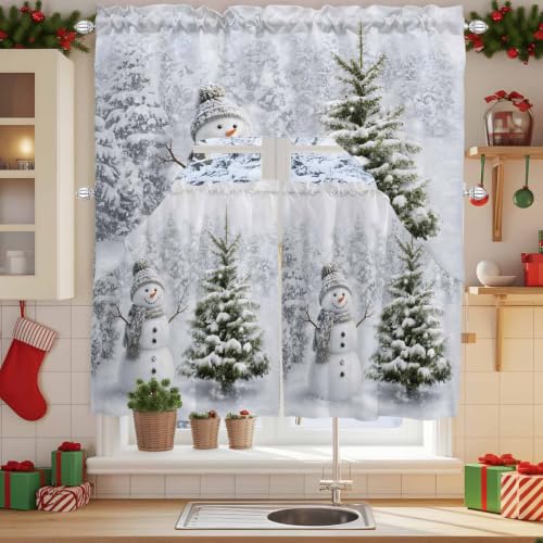 Christmas Kitchen Curtain and Valance Set 3 Pieces - Grey Snowman & Pine Tree Short Tier Curtains, 27.5"W x 24"L, Variations of THIS listing