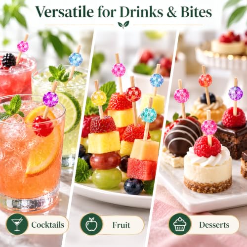 Multicolor Crackle Bead Cocktail Picks - 100 Pack Long Bamboo Appetizer & Garnish Skewers