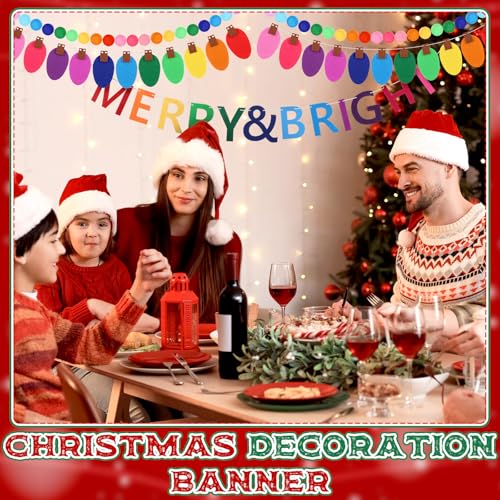 Christmas Felt Garland Set with Pom Poms, Light Bulb Banners & Merry Sign