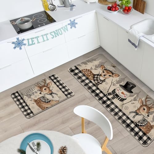Winter Reindeer Snowman Kitchen Rugs Set of 2 Snowman Deer Variation - 17x29 & 17x47 Inches