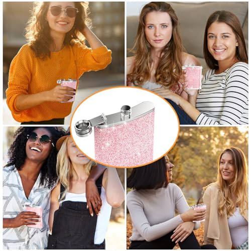 Hianjoo Pink 8oz Leakproof Stainless Steel Hip Flask Set for Women, Portable Camping & Gifting