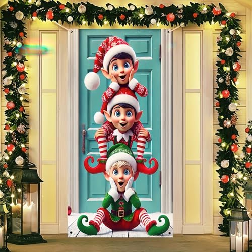BlissYard Elf Door Cover 35x71 Inch Christmas Polyester Banner