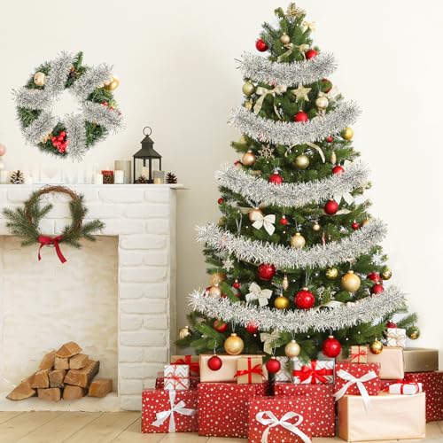 TranquilBliss Silver Christmas Tree Garland - 50 ft Tinsel Garland, Flexible & Reusable (Silver / 1)