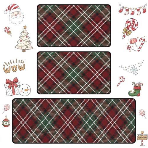 Willinglong 3-Piece Red & Green Tartan Plaid Christmas Kitchen Mats Set (Red/Green Plaid) - 16.9 x 29.9in + 16.9 x 46.9in Runner
