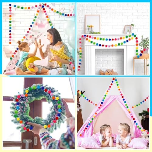 Rainbow Felt Pom Pom Garland (4 Pack) - Colorful Wall & Party Decor