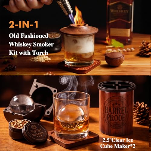 Wood Grain Whiskey Smoker Kit with Torch, 2 Clear Ice Ball Molds & Glasses
