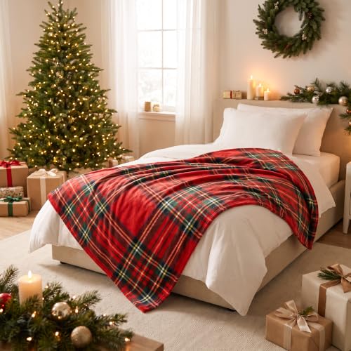 Christmas Fleece Blanket Holiday Throw 50x60 Red Tartan for Sofa Bed Home Decor