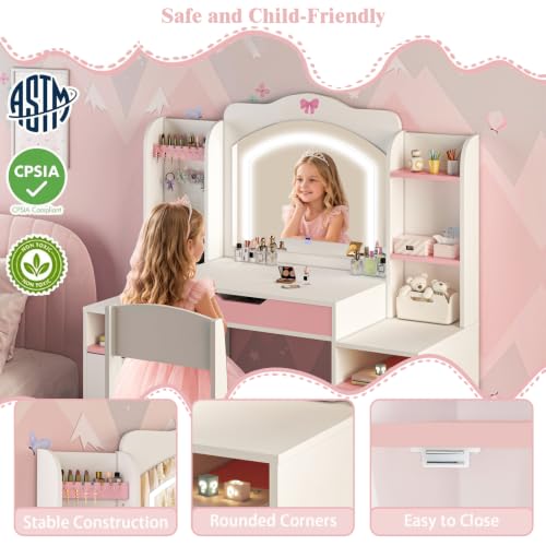 3-in-1 Kids Vanity Desk and Chair Set with LED Mirror and Storage