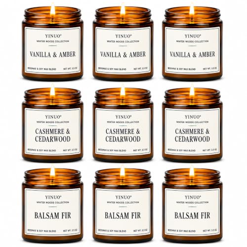 YINUO Winter Woods Scented Candle Gift Set - Forest Green 9 Pack, 3.5oz Amber Jars