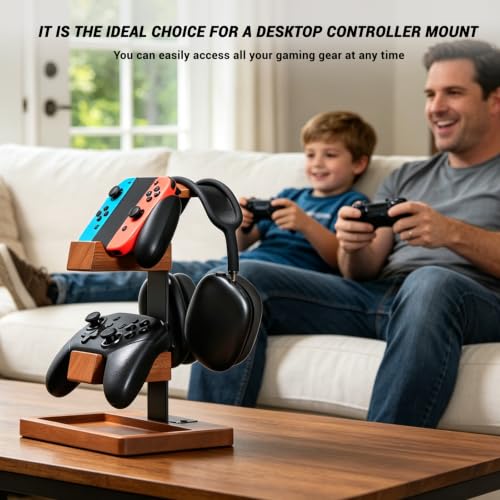 Solid Wood Gaming Controller and Headset Stand with Accessory Tray