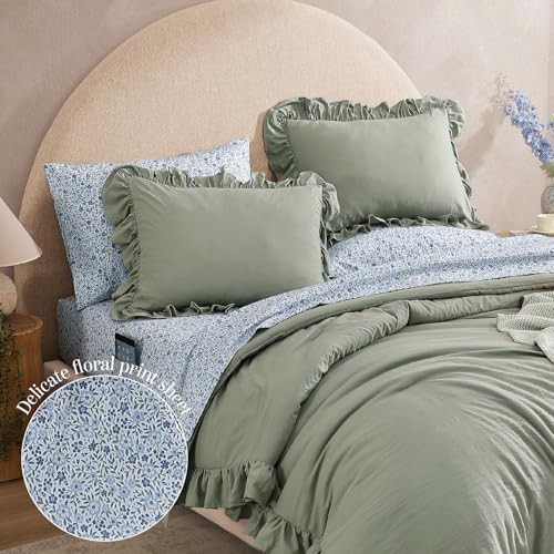 Sage Green Ruffle Queen Comforter Set - 7-Piece Floral Bed in a Bag
