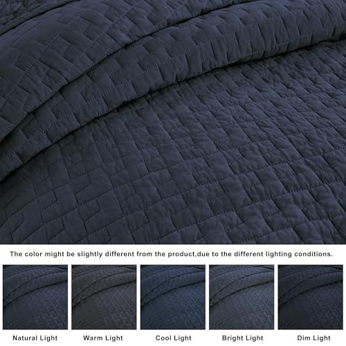 Navy Blue 100% Cotton Queen Quilt Set - 3-Piece Lightweight Bedspread
